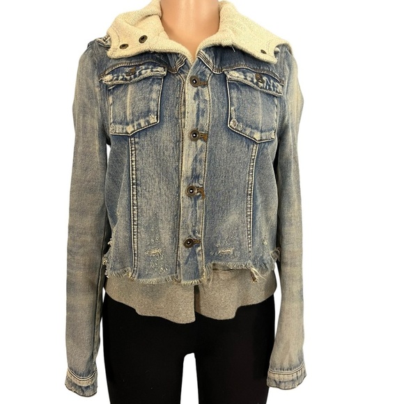 Free People Distress Denim Hooded Sweater Jacket - Picture 3 of 10